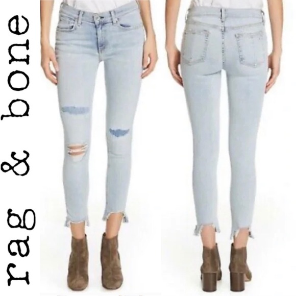 Rag & Bone Ankle Skinny Jeans in Lynn Holes 28 Chewed Hem Patchwork Light Wash - Picture 3 of 16